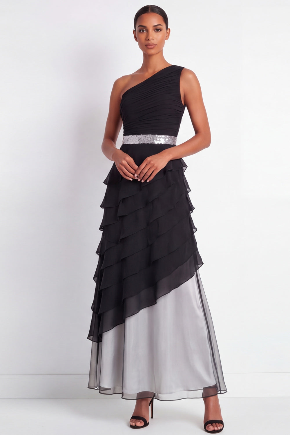One Shoulder Black A Line Ruched Formal Dress with Ruffles