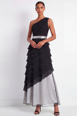 One Shoulder Black A Line Ruched Formal Dress with Ruffles