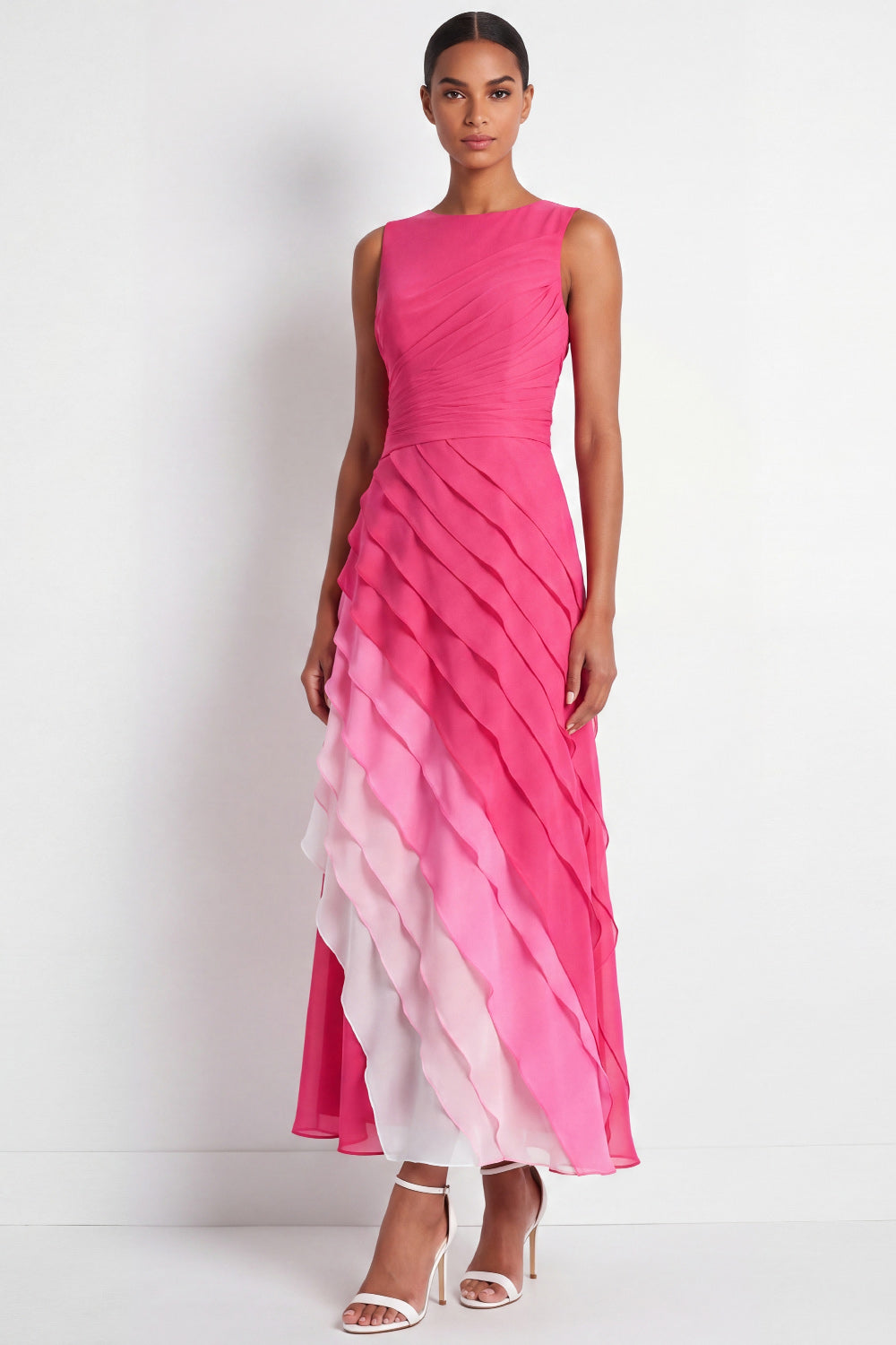 Fuchsia A Line Ruched Maxi Formal Dress with Ruffles