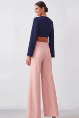 Long Sleeve Brown V Neck Mother of the Bride Jumpsuit with Bow
