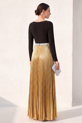 Metallic Long Sleeve A Line Black Golden Maxi Formal Dress