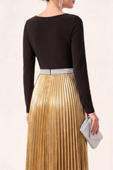 Metallic Long Sleeve A Line Black Golden Maxi Formal Dress