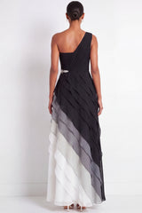 One Shoulder Ruched A Line Ruffled Black and White Maxi Formal Dress