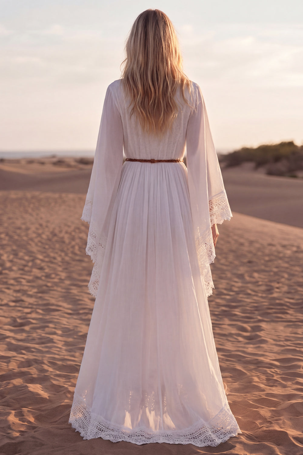 Long Sleeve White A Line Lace Maxi Boho Wedding Dress