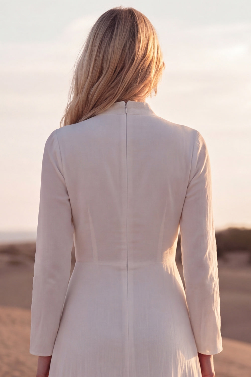 White Ruched Long Sleeve A Line Wedding Dress