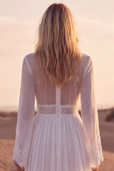 White V Neck Long Sleeve Lace A Line Pleated Wedding Dress