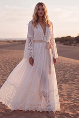 Long Sleeve Lace White A Line Pleated Wedding Dress with Belt