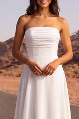 White Strapless A Line Ruched Maxi Wedding Dress