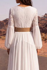 White Long Sleeve A Line Pleated Lace Wedding Dress with Belt