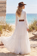 Long Sleeve White A Line Lace V Neck Wedding Dress with Belt