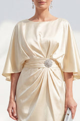 Champagne Satin Bodycon Ruched Midi Mother of the Bride Dress