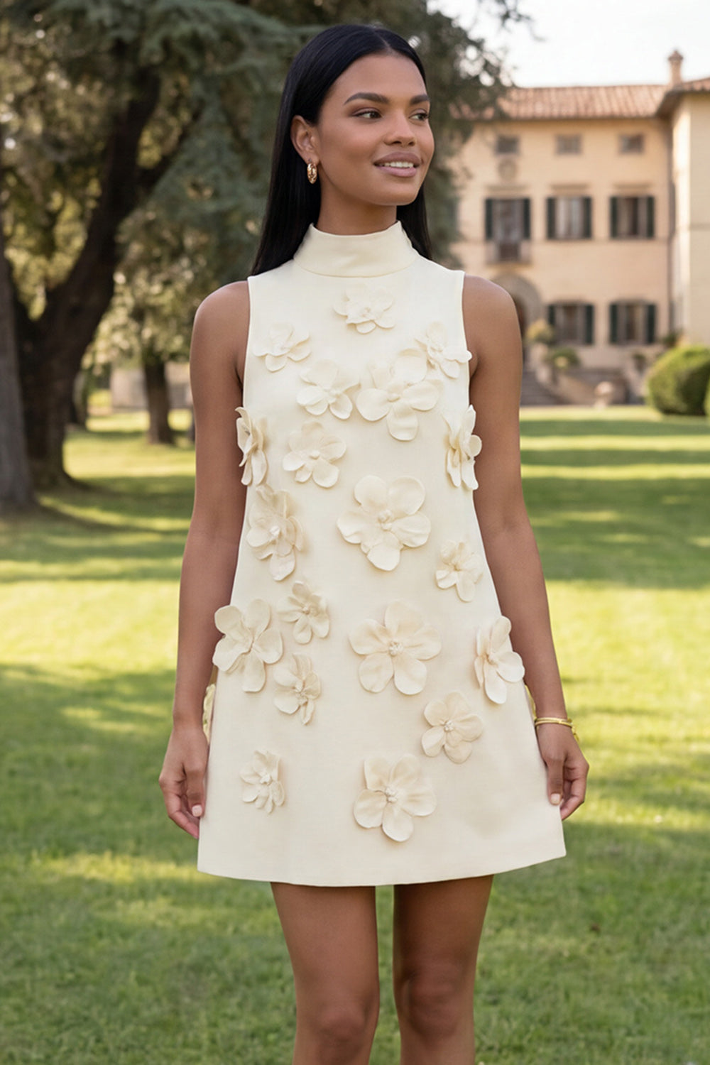 Floral Blue High Neck A-Line Homecoming Dress
