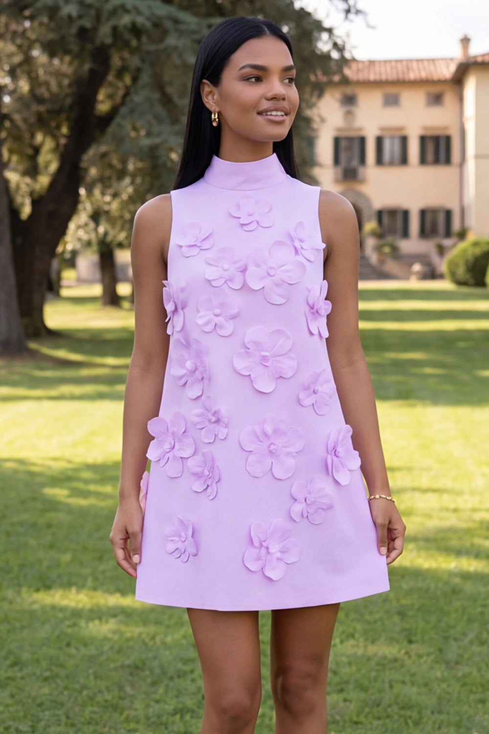 Floral Blue High Neck A-Line Homecoming Dress