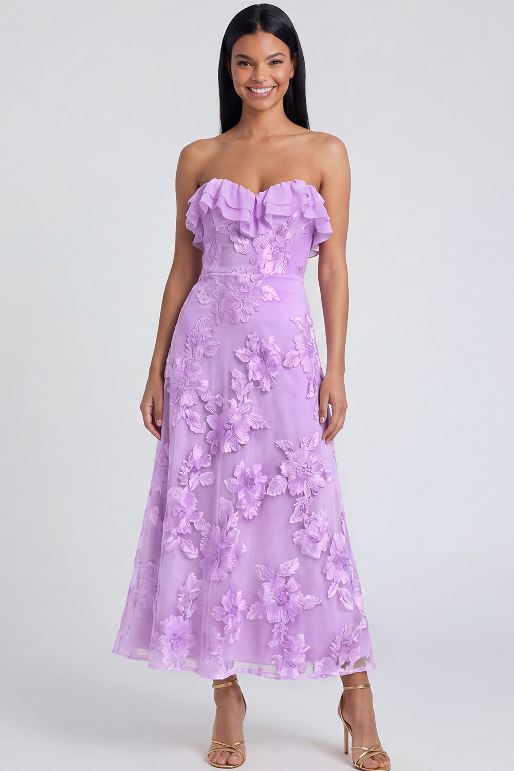 Strapless Ruffled A Line Floral Appliqued Yellow Wedding Guest Dress