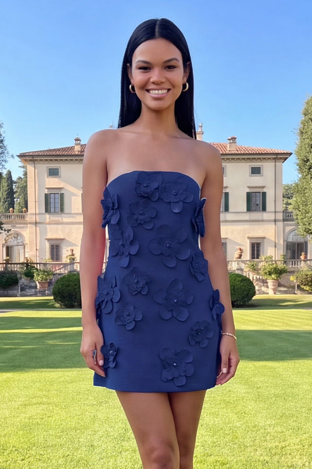 Strapless Blue Floral Homecoming Dress