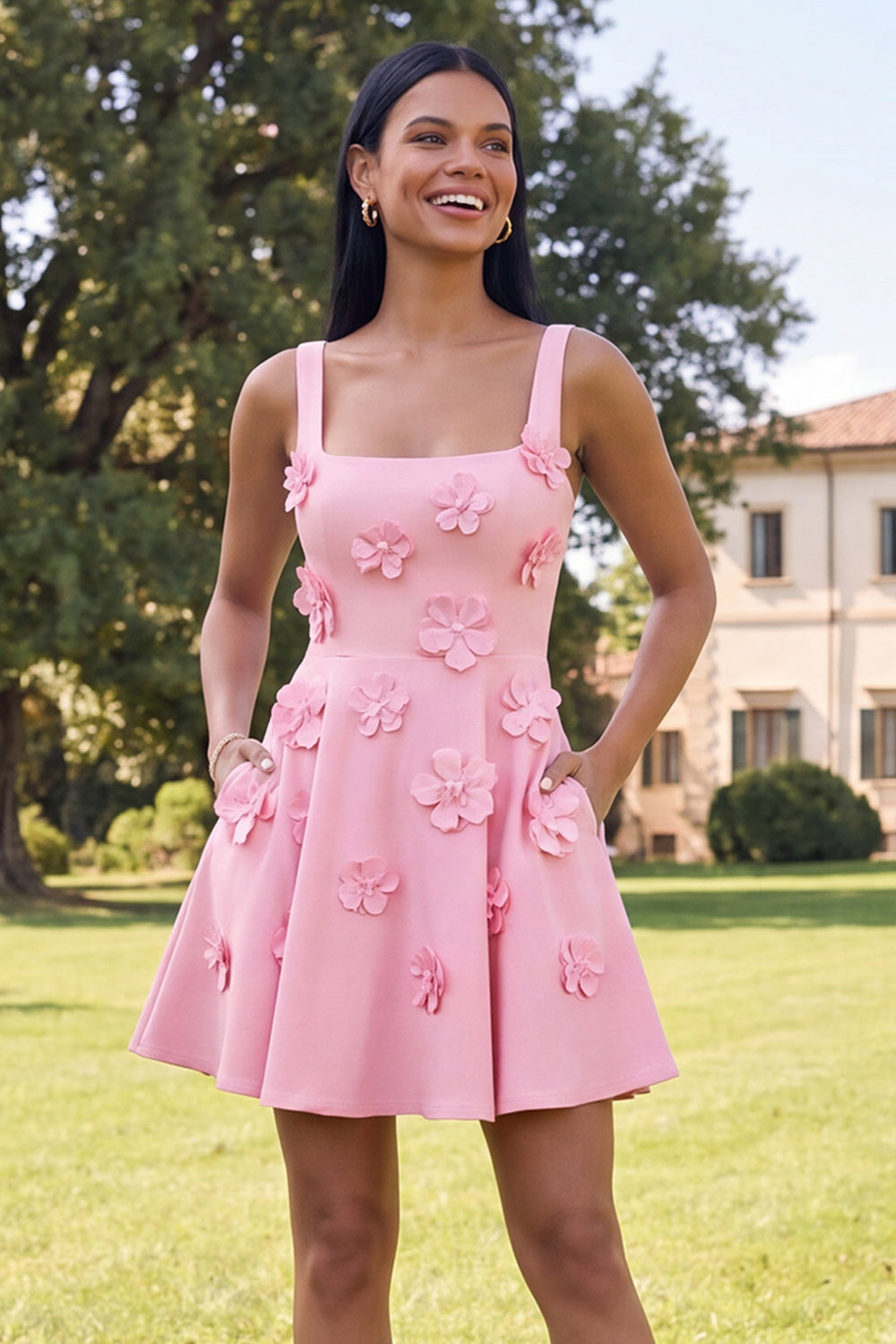Square Neck Black Floral A Line Homecoming Dress