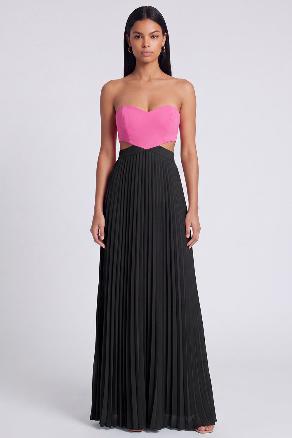 Strapless ColorBlock Pleated Pink and Orange A Line Formal Dress